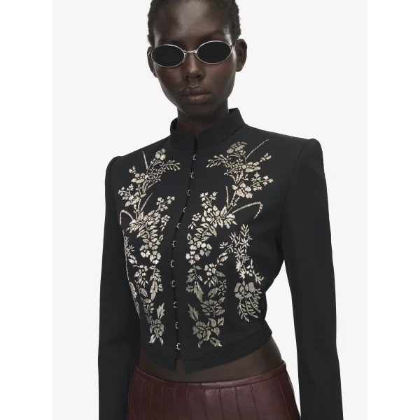 Alexander McQueen Floral Embroidery Cropped Jacket - Jackets - British Luxury Tailoring at Coveti