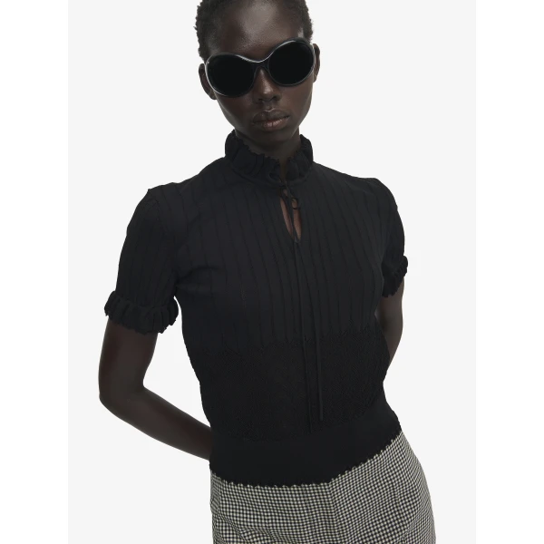 Alexander McQueen Pointelle Knit Top in Black - Knitwear - British Luxury Tailoring at Coveti