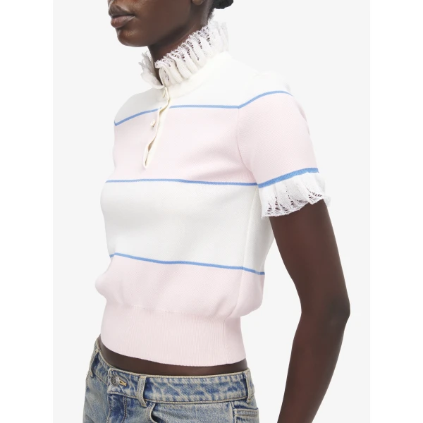Alexander McQueen Ruffle Trim Striped Top - Knitwear - British Luxury Tailoring at Coveti