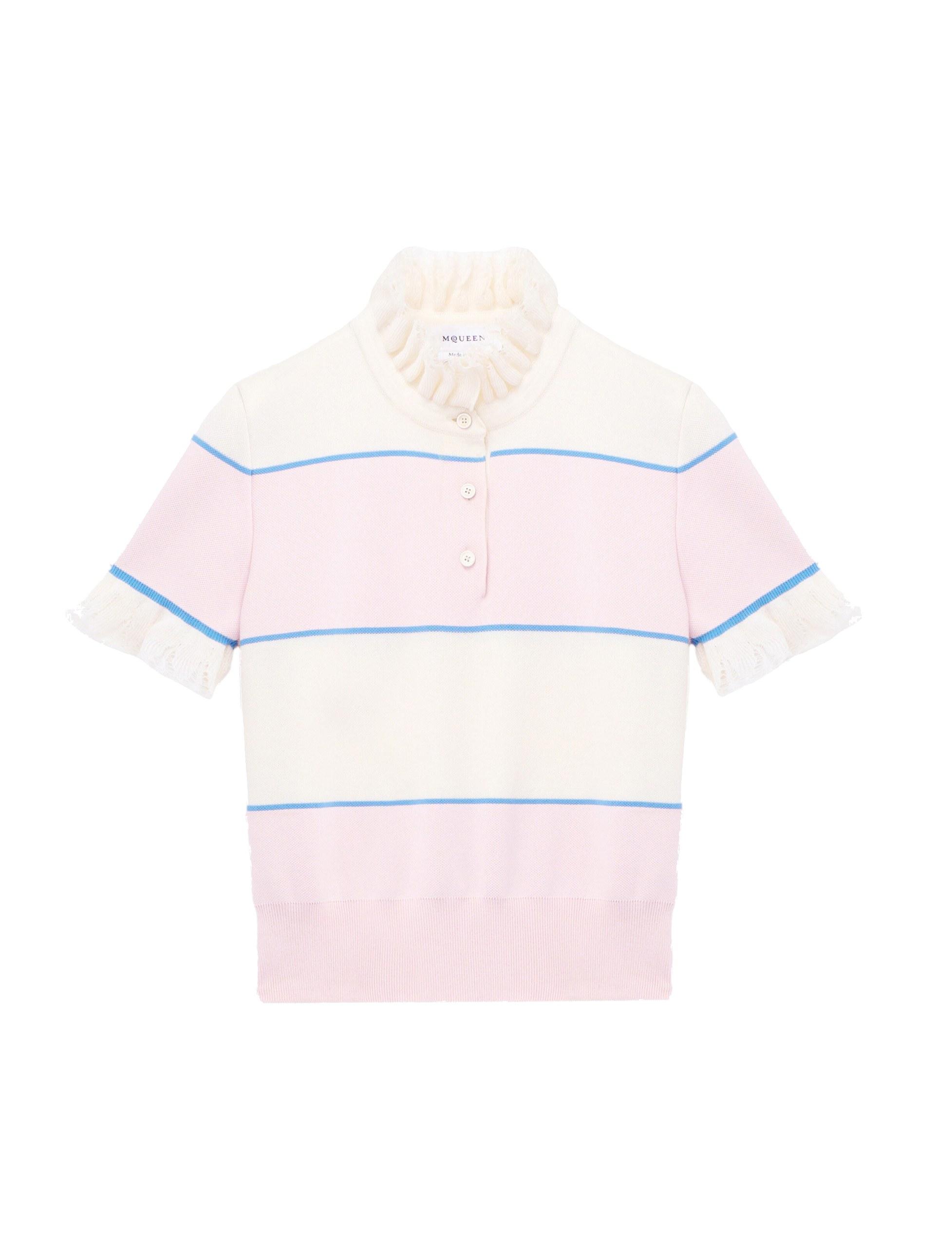 Alexander McQueen Ruffle Trim Striped Top - Knitwear - British Luxury Tailoring at Coveti Alexander McQueen Ruffle Trim Striped Top - Knitwear - British Luxury Tailoring at Coveti