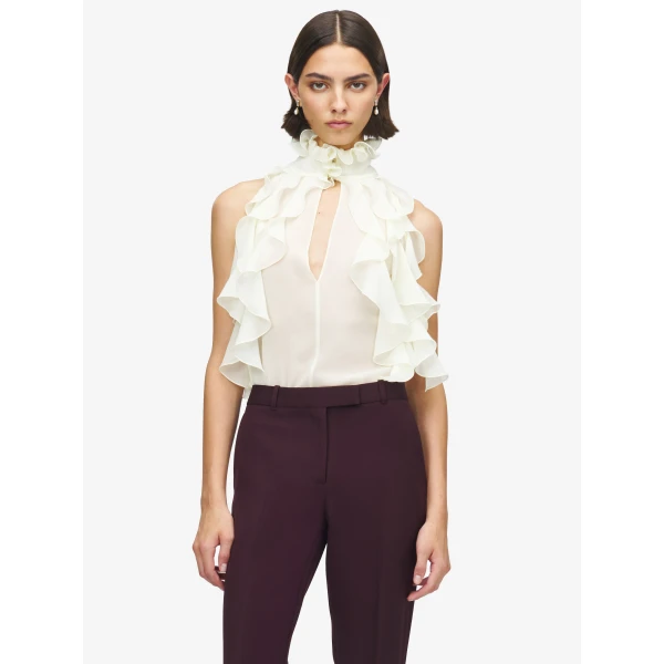 Alexander McQueen Ruffled Top in Cream - Tops - British Luxury Tailoring at Coveti