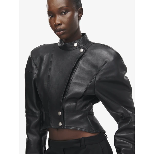 Alexander McQueen Sculpted Shoulder Leather Jacket - Jackets - British Luxury Tailoring at Coveti