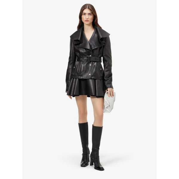 Alexander McQueen Waterfall Collar Leather Jacket - Jackets - British Luxury Tailoring at Coveti