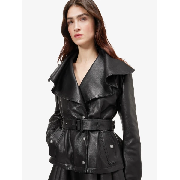 Alexander McQueen Waterfall Collar Leather Jacket - Jackets - British Luxury Tailoring at Coveti