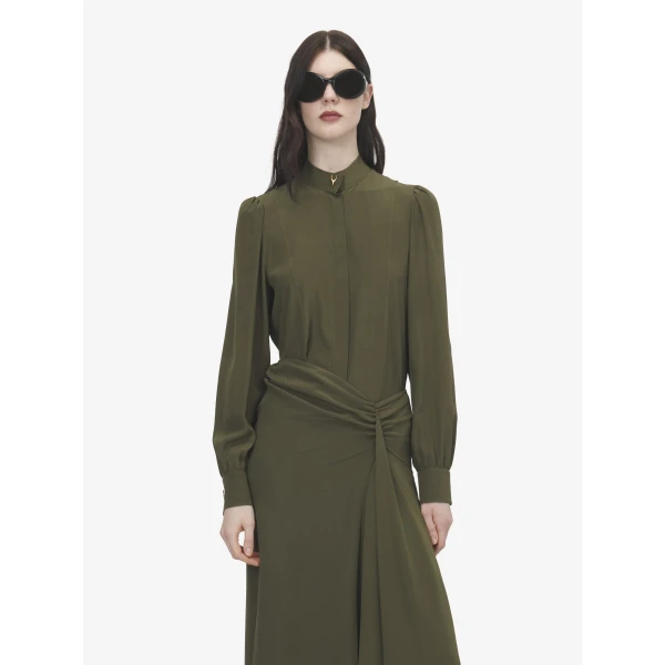 Alexander McQueen Wishbone Silk Shirt in Green - Tops - British Luxury Tailoring at Coveti