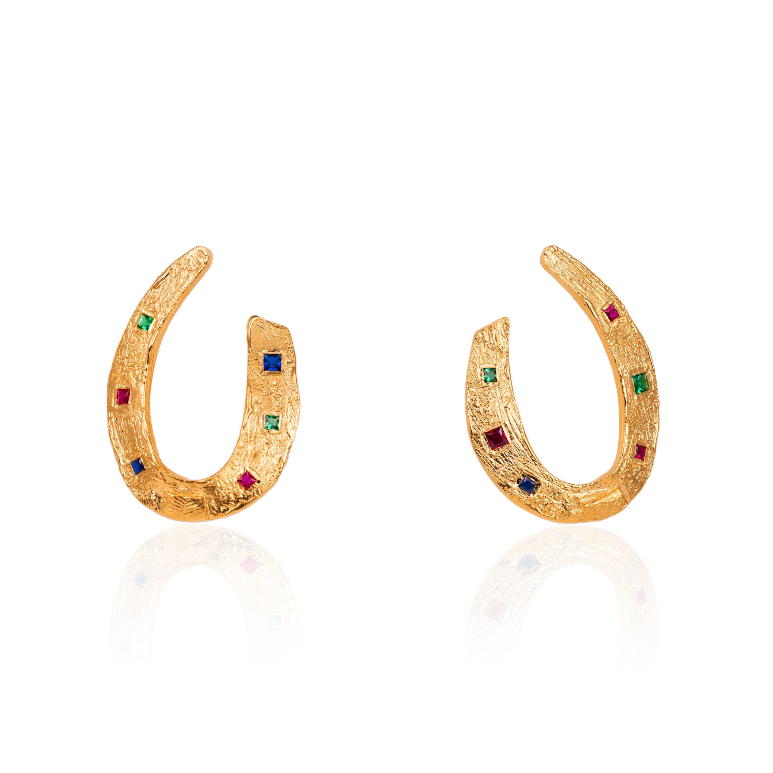 Alexandra Hakim Large Golden Horseshoe Earrings in Gold with Coloured Gems | Buy Earrings at Coveti Alexandra Hakim Large Golden Horseshoe Earrings