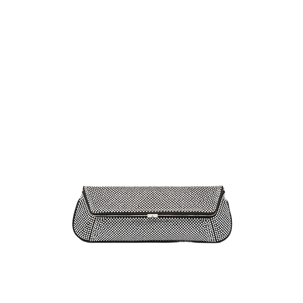 Amina Muaddi Ami Crystal Clutch in Black Satin and White Crystals