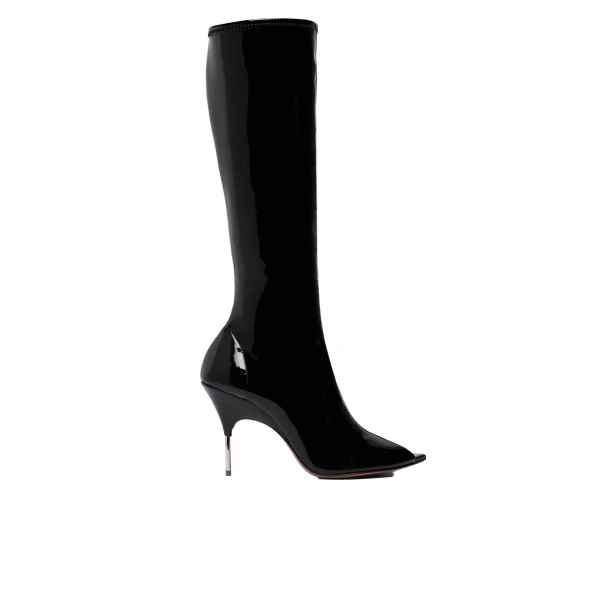 Amina Muaddi Bruna Stretch Boot 95 in Black Latex and Shiny Silver Heel