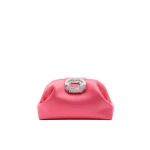 Amina Muaddi Camelia Clutch in Coral Satin
