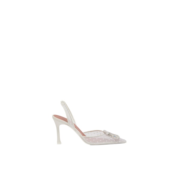 Amina Muaddi Camelia Lace Sling 90 in White Polka Dot Lace