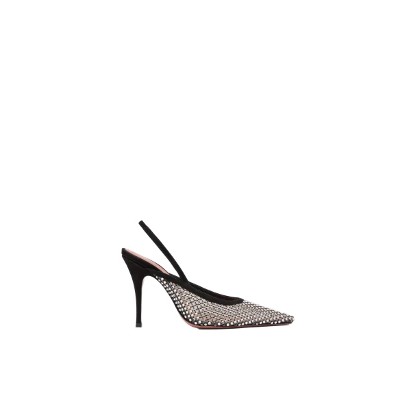 Felicia Crystal Net Sling 100 in Black Suede and White Crystals