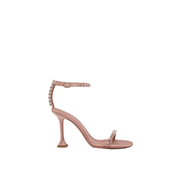 Amina Muaddi Gigi Sandal 95 in Powder Satin and Vintage Rose Crystals