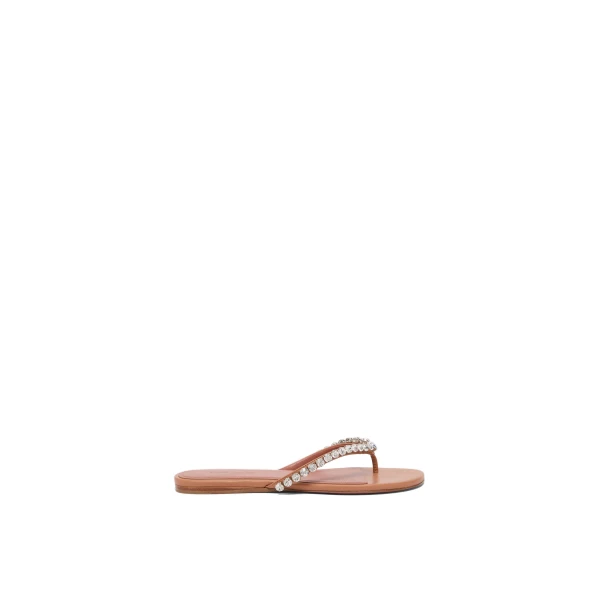 Gigi Thong Flats in Latte Nappa and White Crystals