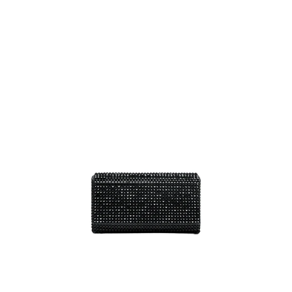 Amina Muaddi Paloma Clutch in Black Satin with Jet Crystals and Gun Metal Hardware