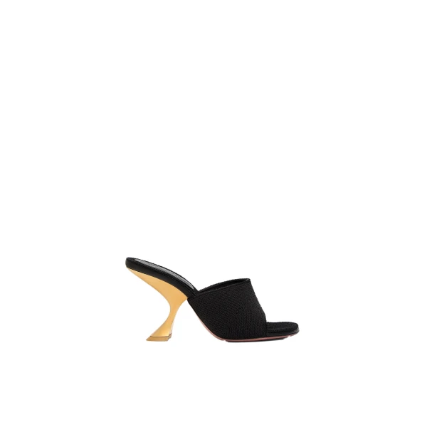 Taylor Woven Slipper 90 in Black Woven Raffia and Gold Metal Heel