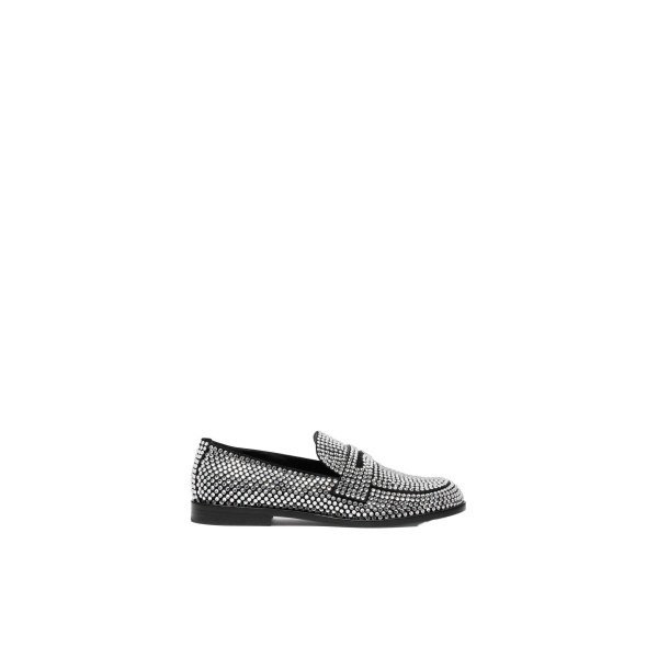 Amina Muaddi Tilda Crystal Loafer in Black Suede and White Crystals