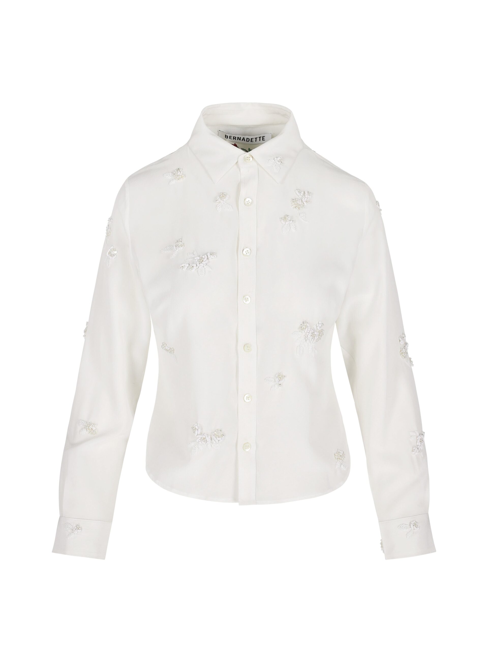 Bernadette Baby Shirt Embroidered in Ivory and Pearl Lingerie Rose Embroidery on Ivory Bernadette shirt