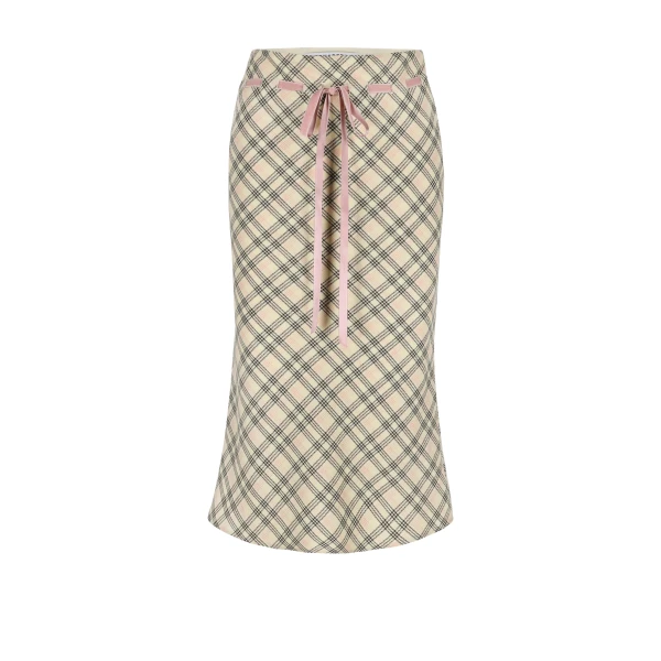 Camille Knee Length Skirt in Check Cream, Brown and Pink
