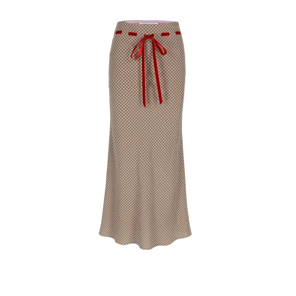 Camille Long Skirt in Wool Vichy Khaki and Pink