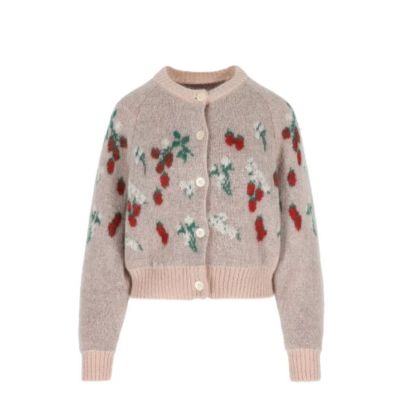 Cardigan Amelia in Red Berries Intarsia on Pink