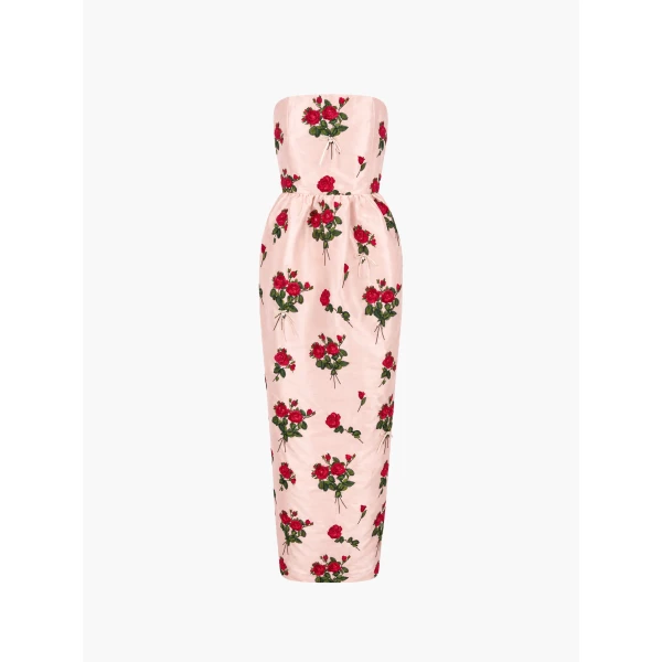 Dress Lena Embroidered in Red Bouquet Embroidery on Pink - Image 2