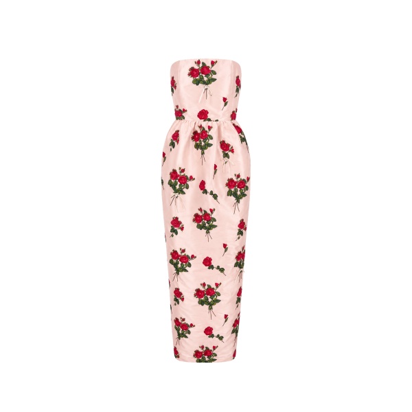Bernadette Dress Lena Embroidered in Red Bouquet Embroidery on Pink | Dresses | Coveti