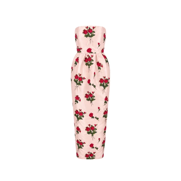 Dress Lena Embroidered in Red Bouquet Embroidery on Pink