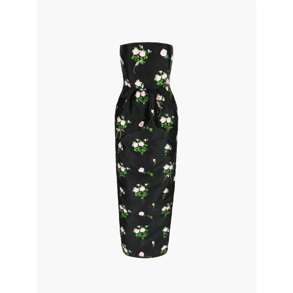 Dress Lena Embroidered in Soft Pink Bouquet Embroidery on Black - Image 2