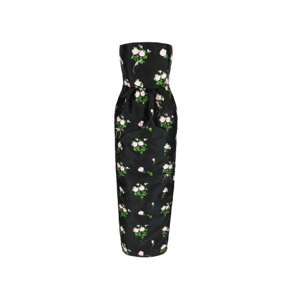 Bernadette Dress Lena Embroidered in Soft Pink Bouquet Embroidery on Black | Dresses | Coveti