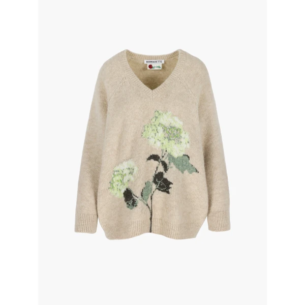 Kane Sweater in Mint Hydrangea Intarsia on Camel - Image 2