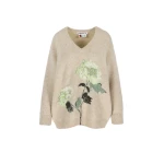 Bernadette Kane Sweater in Mint Hydrangea Intarsia on Camel | Knitwear | Coveti