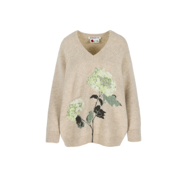Bernadette Kane Sweater in Mint Hydrangea Intarsia on Camel | Knitwear | Coveti