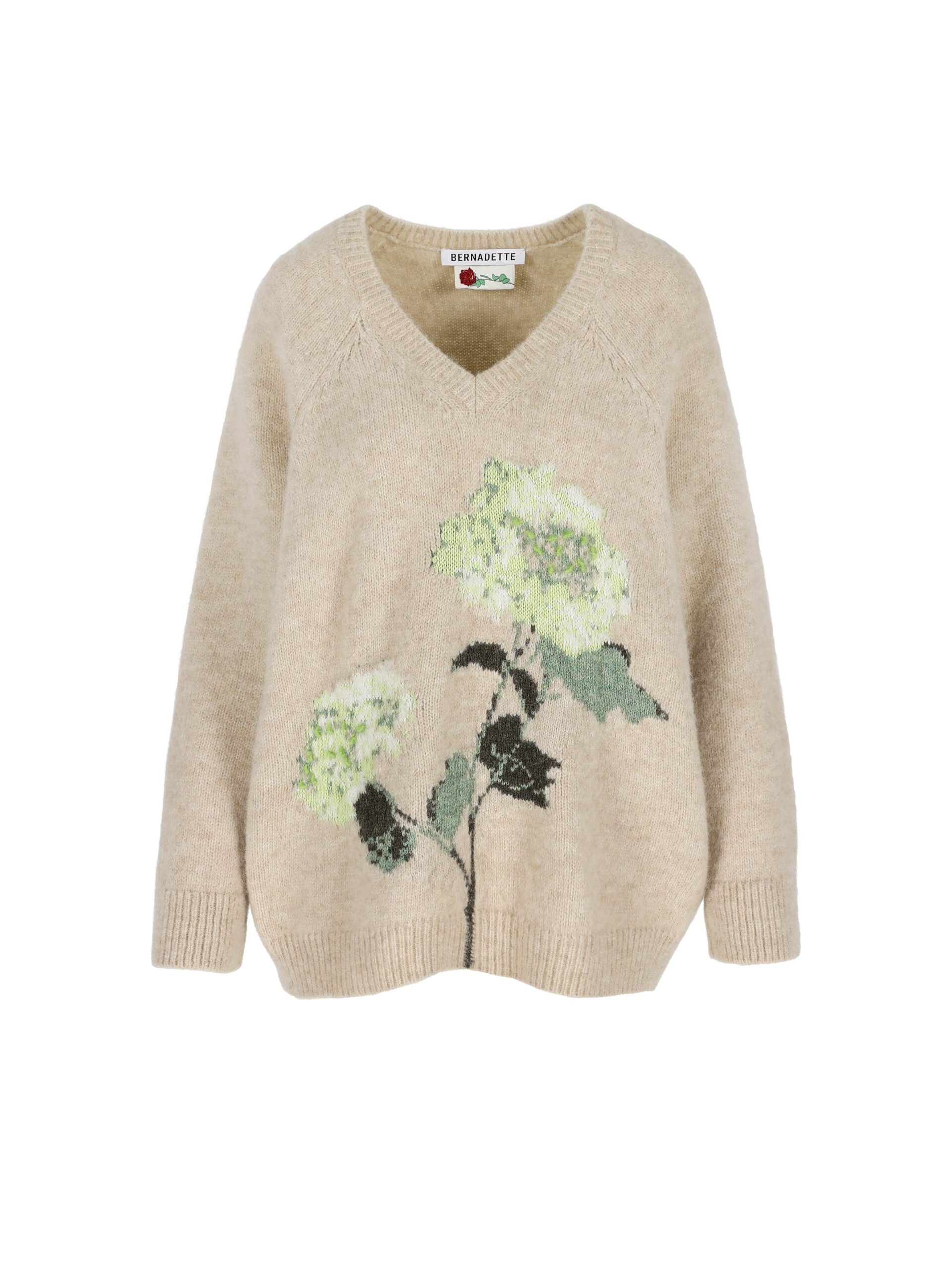 Bernadette Kane Sweater in Mint Hydrangea Intarsia on Camel | Knitwear | Coveti Bernadette Kane Sweater in Mint Hydrangea Intarsia on Camel | Knitwear | Coveti