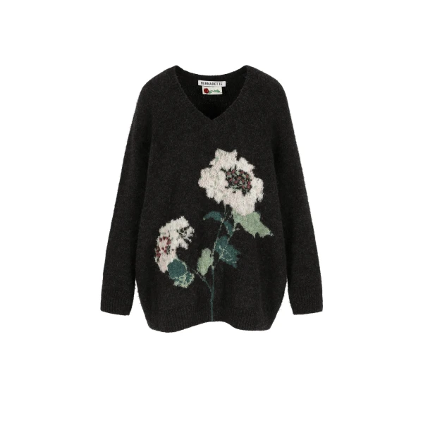 Kane Sweater in Soft Pink Hydrangea Intarsia on Dark Grey