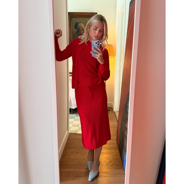 Kira Cardigan in Ruby Red Pointelle - Image 3