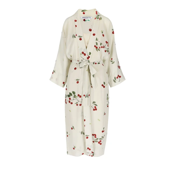 Peignoir Silk Crepe de Chine in Cherries Cream