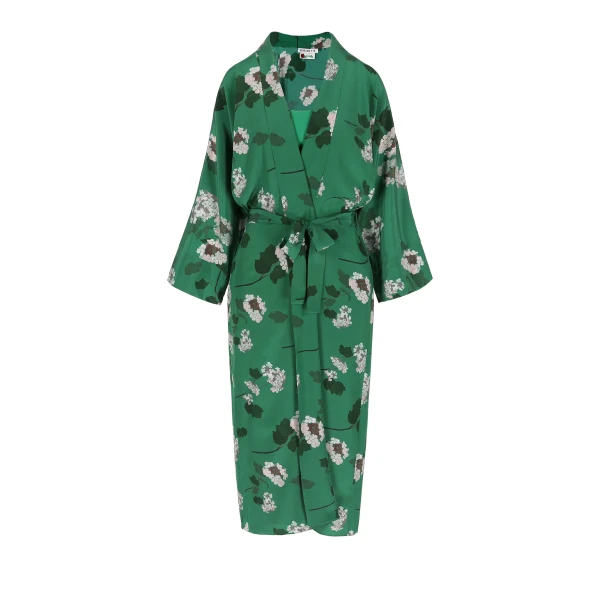 Peignoir Silk Crepe de Chine in Hydrangea Pink on Green