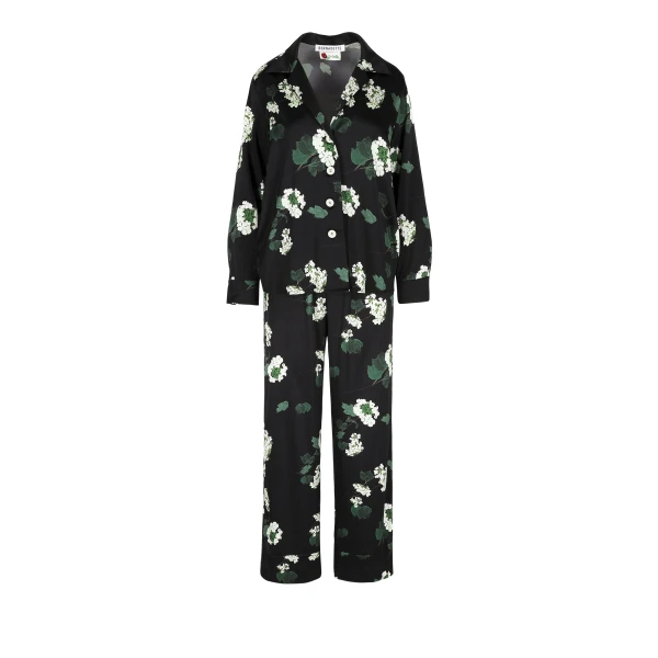 Pyjama Louis Silk Satin in Hydrangea Green on Black