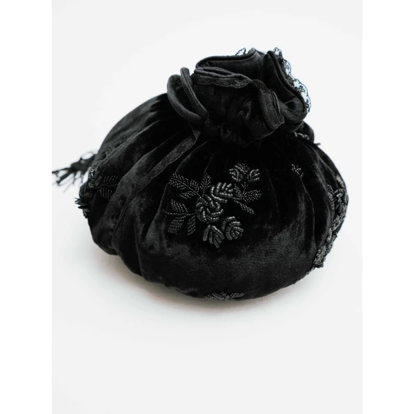 Round Bag Embroidered in Black Lingerie Rose Embroidery on Black - Image 4