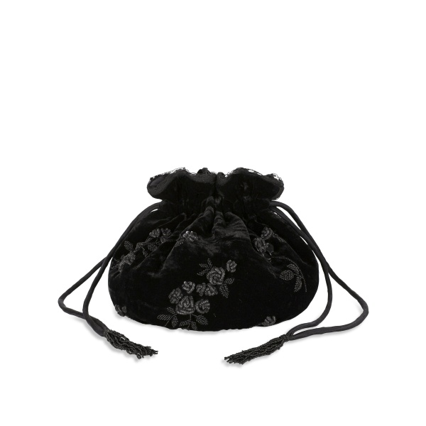 Bernadette Round Bag Embroidered in Black Lingerie Rose Embroidery on Black | Bags | Coveti