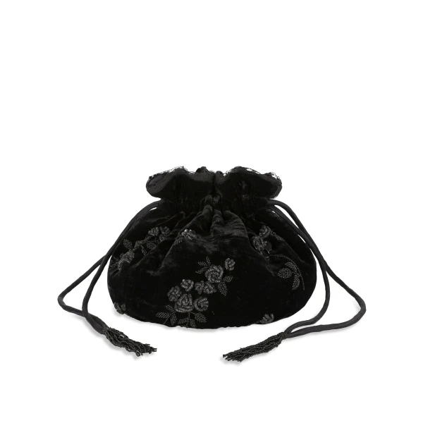 Round Bag Embroidered in Black Lingerie Rose Embroidery on Black