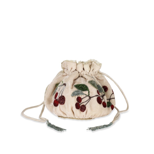 Bernadette Round Bag Embroidered in Multi Cherry Embroidery on Cream | Bags | Coveti