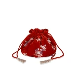 Bernadette Round Bag Embroidered in Pink and Rose Lingerie Rose Embroidery on Red | Bags | Coveti
