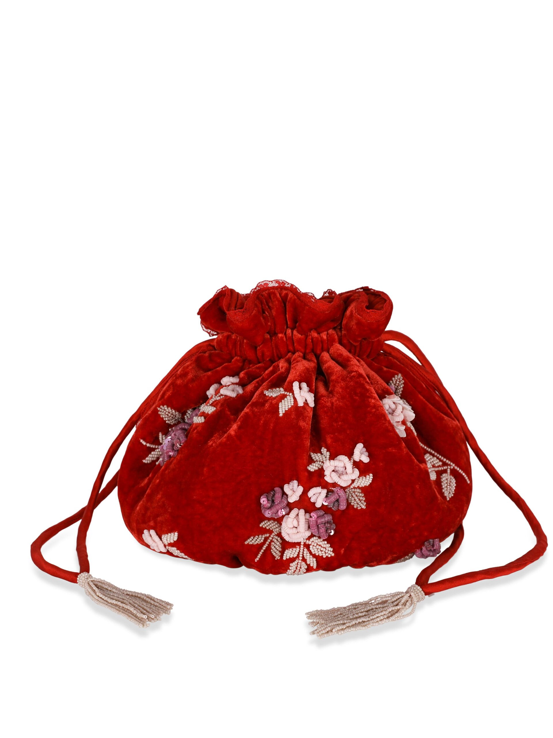 Bernadette Round Bag Embroidered in Pink and Rose Lingerie Rose Embroidery on Red | Bags | Coveti Bernadette Round Bag Embroidered in Pink and Rose Lingerie Rose Embroidery on Red | Bags | Coveti
