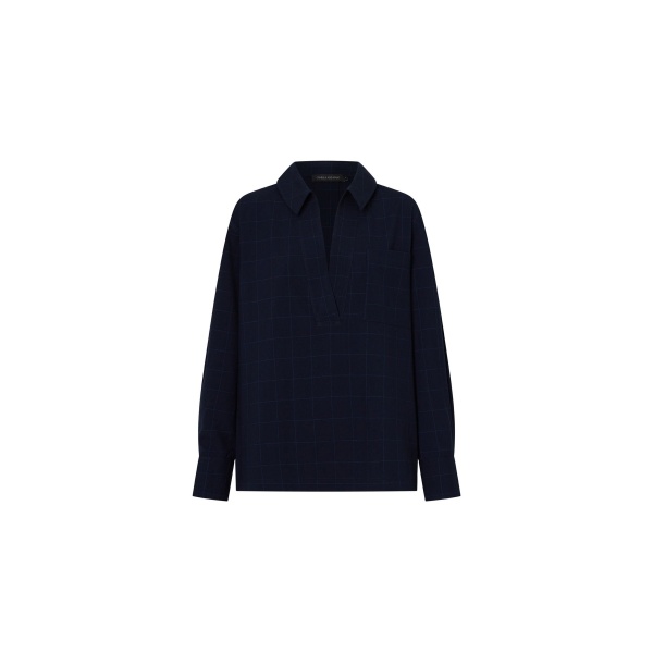 Camilla and Marc Lourdes Check Half Placket Shirt in Navy | Tops | Coveti