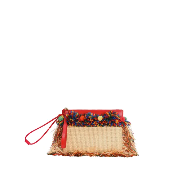 Raffia toiletry bag with fringes