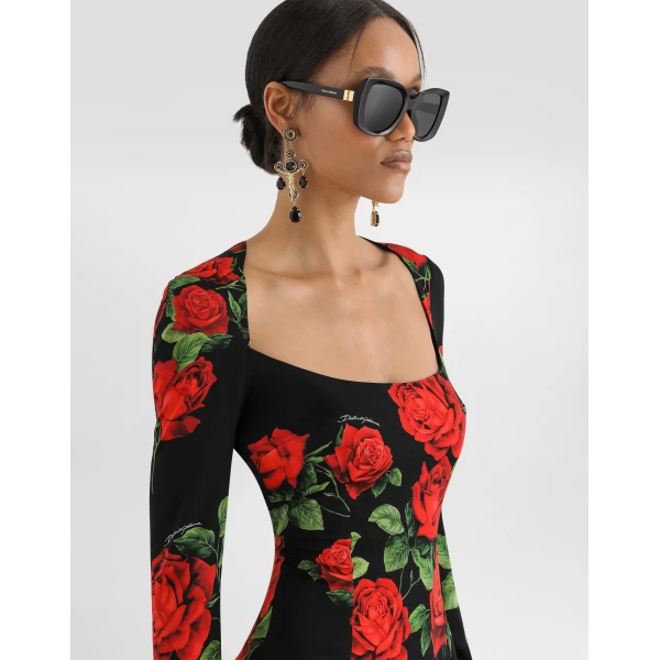 Rose-print charmeuse midi dress - Image 4