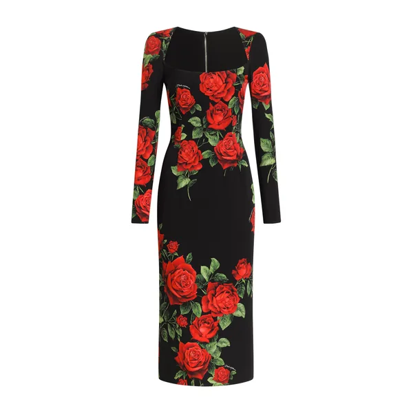 Rose-print charmeuse midi dress
