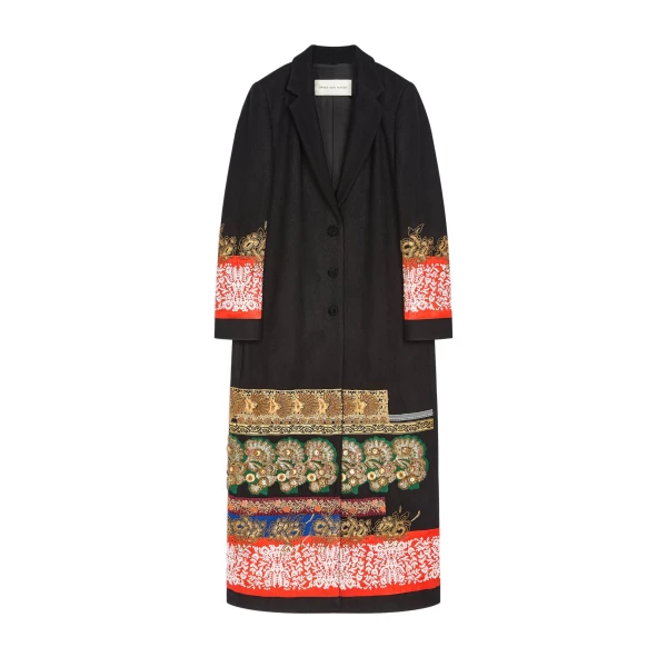 Embroidered ankle-length wool coat in Black