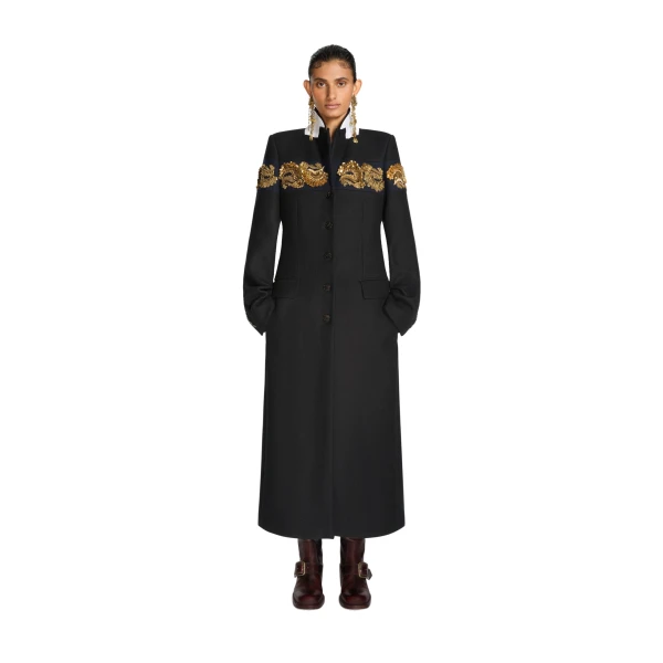 Embroidered belted wool coat in Black - Image 2